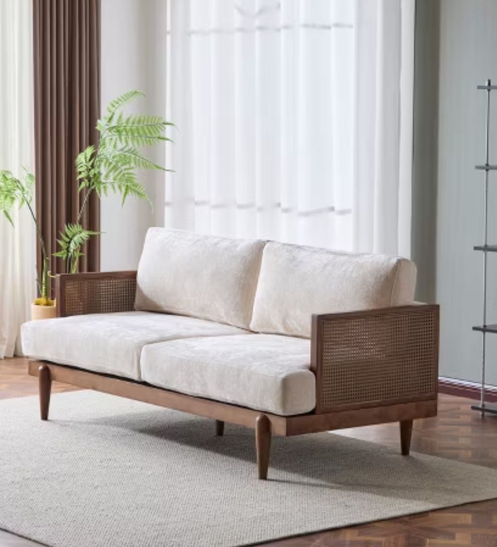 Living room wood & rattan 3 seater sofa couch - NEW