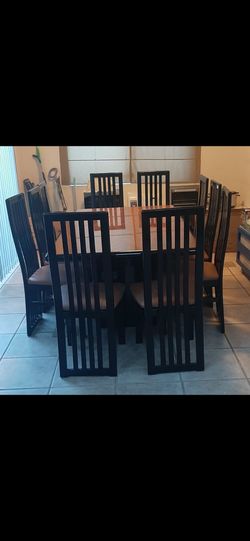 Dining Table Set at 73 x 42 x 29.5 inches with 10 chairs in Brown/Black