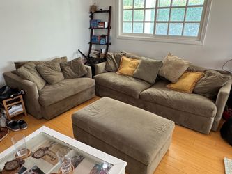 Crate & Barrel Olive Sofa + Loveseat + Ottoman | 9 Pillows