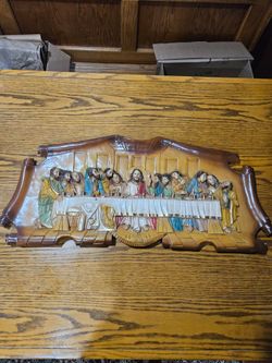 Vintage Hand-Carved and Hand-Painted The Last Supper Wood Plaque