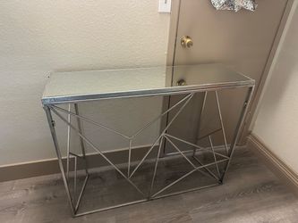 Silver Geometric Metal Console Table with Glass Top