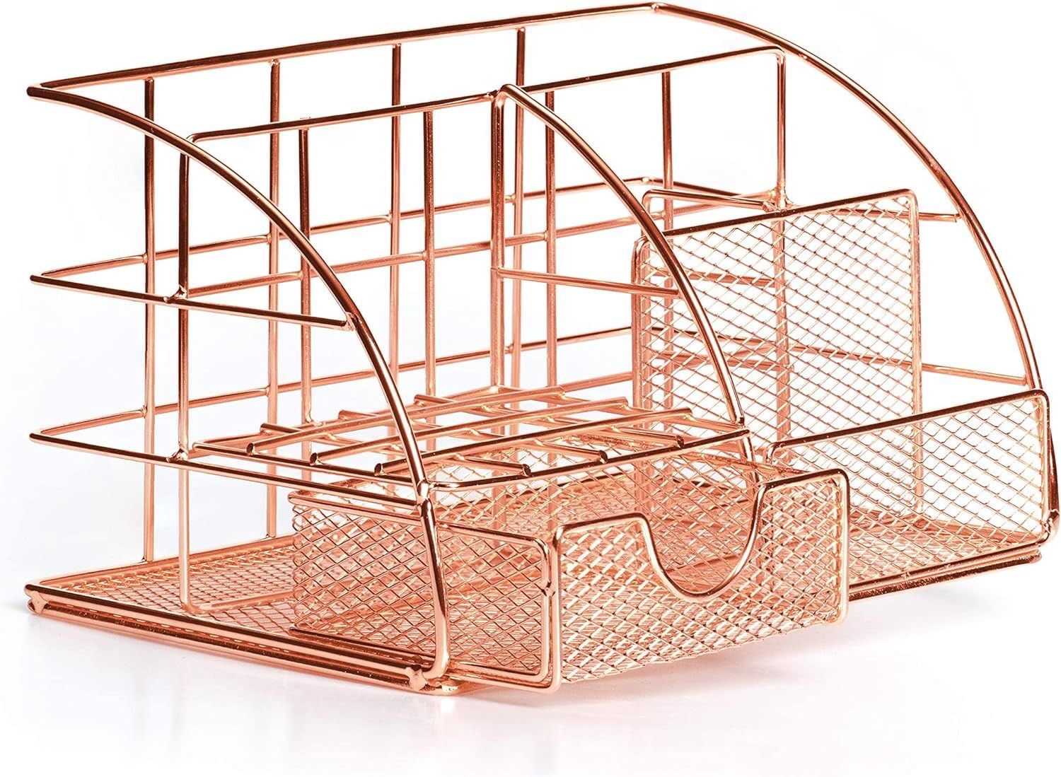 Rose Gold Desk Organizer for Women Cute Home Office Accessories & Supplies Decor, Girly Desktop Stationary Essentials Organization Set, Mesh Caddy Sto