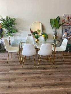 Big Glass Dining Table and 6 White Velvet Chairs