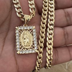 Virgin Mary Square Pendant With Stones 24 Inch Gold Plated 24 Inch Cuban Necklace