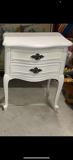White solid wood nightstand 29 inches tall approximately with two drawers, solid wood