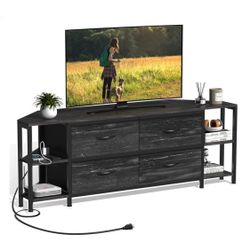 New Open Box EXOTICA Modern Corner TV Stand For 55” TV With Charge Station, 4 Open Storage Shelves, Black Metal Frame