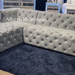 Grey Tufted Velvet Sectional Brand New In Box 