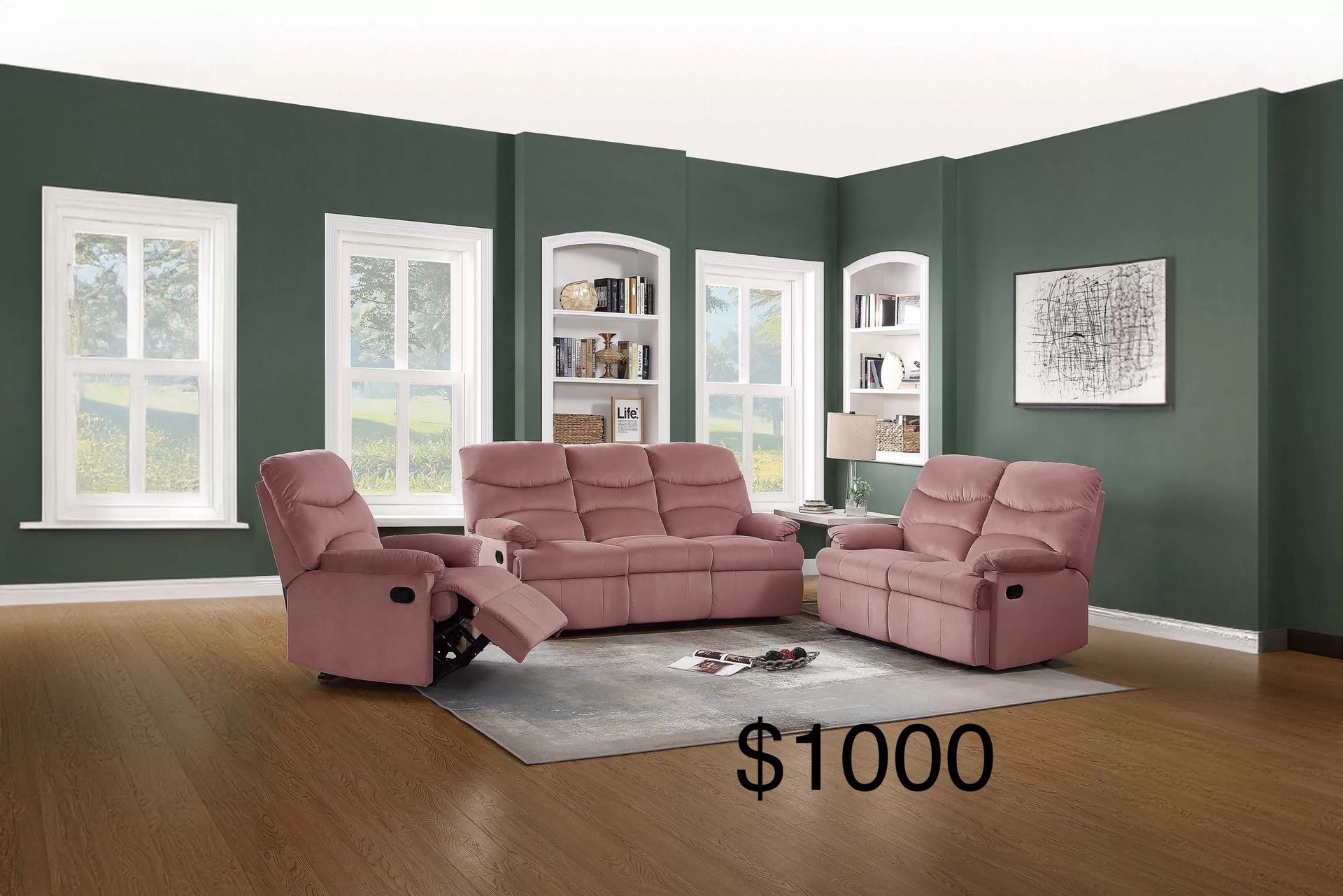 New Blush Pink Velvet Recliner Couch, Loveseat And Chair!