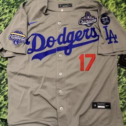 Dodgers Ohtani #17 Grey Jersey with World Series & Fernando Patches 