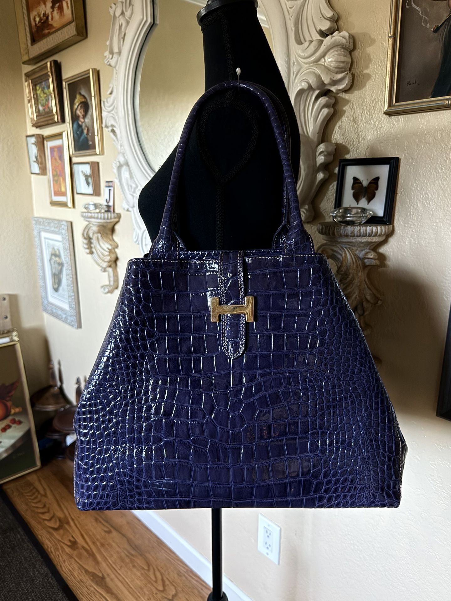 Made In Italy Vera Pelle Purple And Bossed Crocodile Leather Tote Handbag