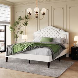 SHA CERLIN Queen Size Bed Frame with Adjustable Headboard/Velvet Upholstered/Diamond Button Tufted and Metal Studs/No Box Spring Needed/Sturdy Wood Sl