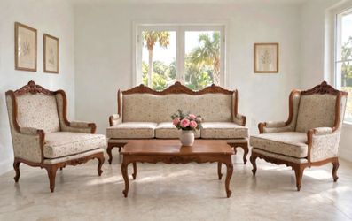 Custom Costa Rica Solid Cenizaro Living Room 3 Seat Sofa 67.5"L+2 Armchairs 28.5"W Fully Hand-Carved