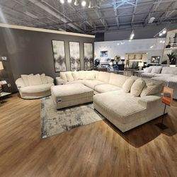 Brand New🧚 Delivery and Finance Available 🧚Lindyn Linen 5 Piece Sectional With Chaise , Ottoman and Chair▪️▪️ # Sofa # Loveseat # Couch # Living Set