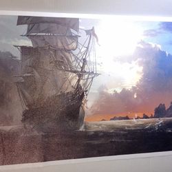 Pirate Ship Sailing At Sunset Canvas Poster Wall Art Room Decor Aesthetic Modern