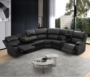 Black leather fully reclining sectional couch