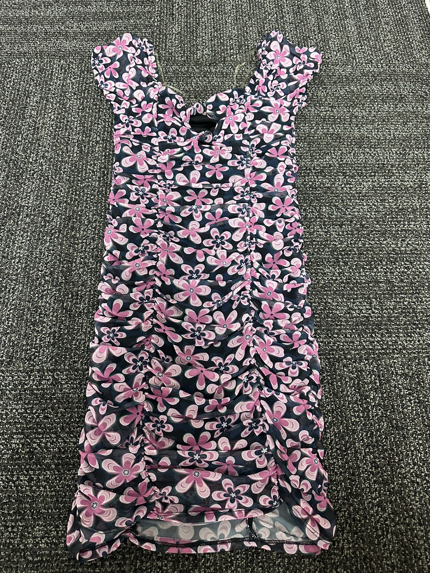 Madden NYC Sheer Blue Pink Floral Ruched Bodycon Dress Front Knot Size Medium