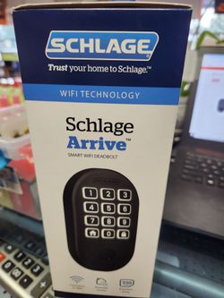 Schlage arrive matte black Wi-Fi deadbolt lock.