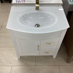30” bathroom vanity cabinet new white color pvc tempered glass top sink integrated Softclose drawers doors ready for pick up today