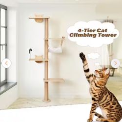 4-Tier Cat Tree Shelf Wall Mounted Scratching Post with Hammock