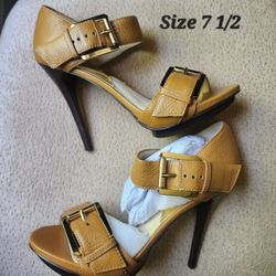 Michael Kors Tumbled Leather Heels with Gold Buckles