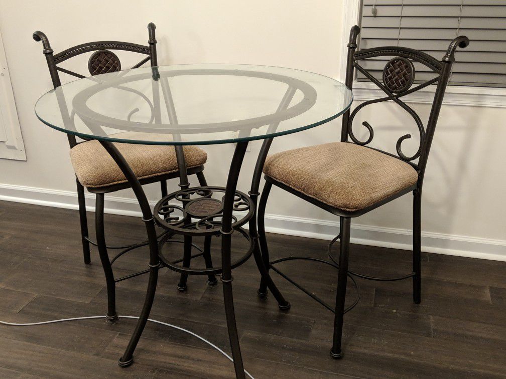 36" counter height glass dining room table and 4 chairs