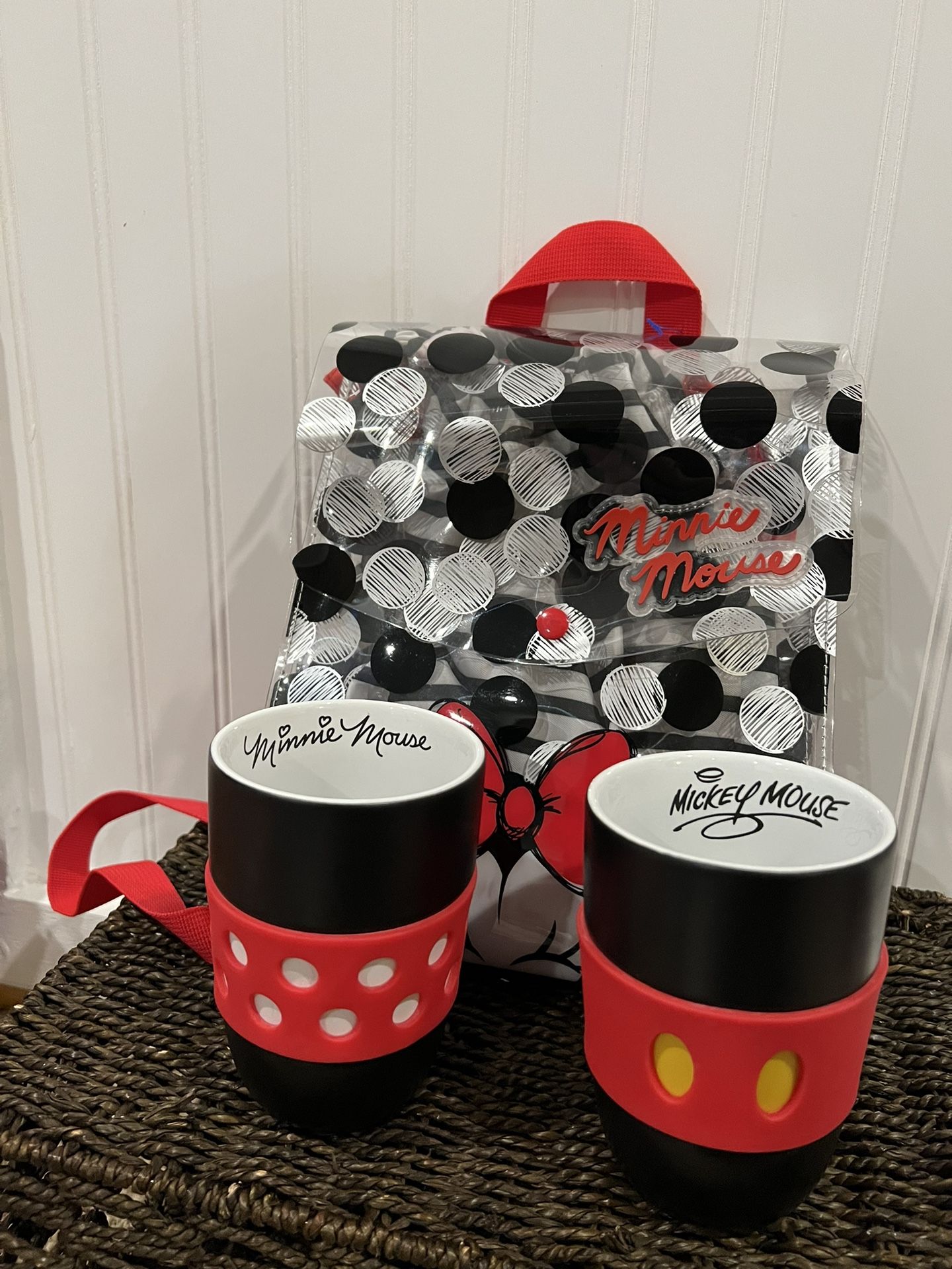 Disney Store Girls Minnie Mouse Swim Clear Backpack with Drawstring Bag 2 mug 3 pieces