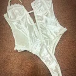 New Small White Satin Bodysuit Top Lingerie 