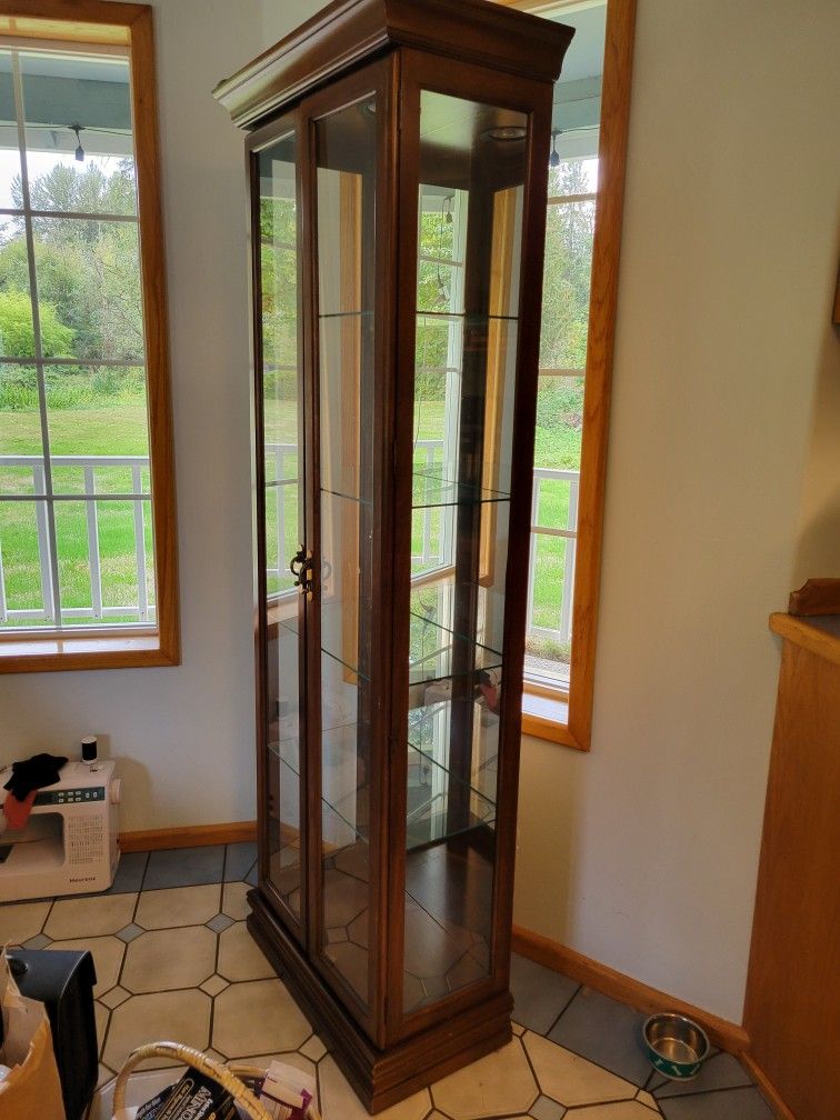Tall Glass & Wood Display Cabinet – Good Condition
