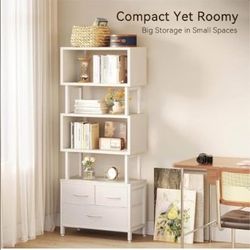 7 Tier Bookshelf, Tall Geometric Bookcase with Fabric Drawers, Modern Display Book Shelves Book Case