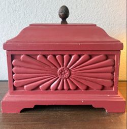 Red Wooden Box with Carved Sunburst Sides and Finial, Heavy