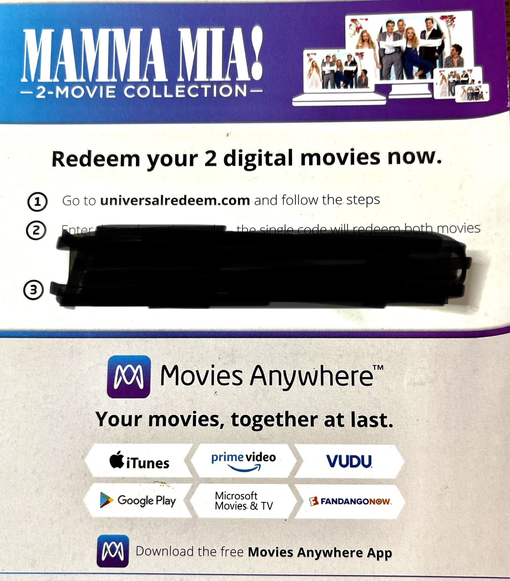 MAMMA MIA! 2 MOVIE BLU-RAY DIGITAL CODES