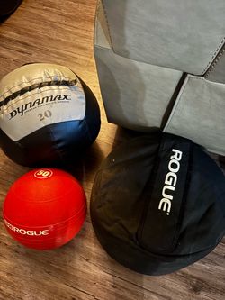 20 lb medicine ball, 50 lb slam ball and 100 lb strong man sandbag GREAT FOR AT HOME WEIGHTS GYM