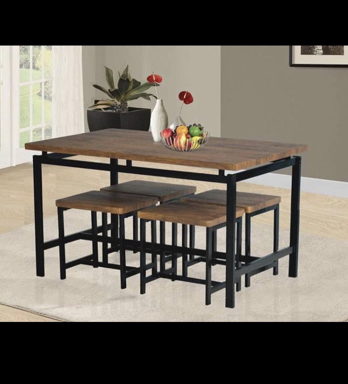 Dining Table Set with 4 Stools Brown/Black Metal Legs ASSEMBLED