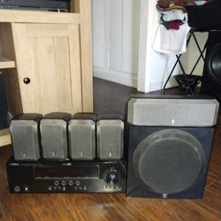 Surround Sound Theater System Stereo Receiver Complete With 5 Speakers 1 Huge Subwoofer A Very Nice Receiver Remote Control All Wires Works Perfectly 