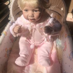 Baby Doll With Wicker Cradle 