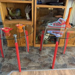Two Poppy Red Glass Top End Tables