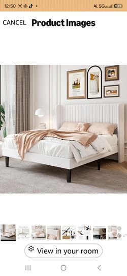 Full Size Velvet Bed Frame, Tufted Wingback Headboard, White