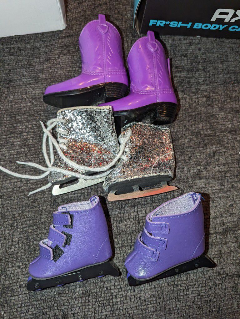 3 PC American Girl Doll Footwear Cowboy Boots, Skate, Roller Blades 
