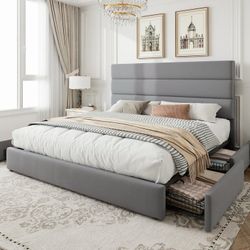 Queen Size Storage Platform Bed Frame with 4 Drawers & Upholstered Velvet Slat Headboard, Grey