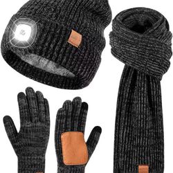 LED Beanie Gloves Scarf Set, Winter Hat with Light Built in Headlamp Caps Long Scarf Touchscreen Gloves, 3 in 1 Warm Gift Set