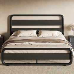 Queen Size Metal Bed Frame with Wooden Headboard and Footboard, Heavy Duty Oval-Shaped Platform Bed with Under-Bed Storage, Noise Free, No Box Spring