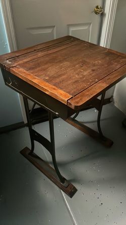 Antique Wooden School Desk with Metal Frame