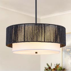 New 18'' 3-Light Natural Fabric Shade Drum Rattan Chandelier Boho Pendant Dimmable Adjustable Height