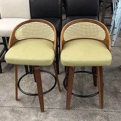 30" Swivel Rattan Bar Stools Set of 2 Mid-Century,Green PU
