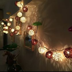 1pcw  Rattan Balls String Lights, White+Coffee Balls Led String Fairy Holiday Christmas Wedding Party Lights Battery Power Outdoor Decorati