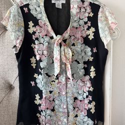 Nine West Black Floral Tie-Neck Cap Sleeve Blouse with Pastel Accents