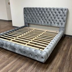 NEW King & Queen Grey Tufted Platform Bed Frame 