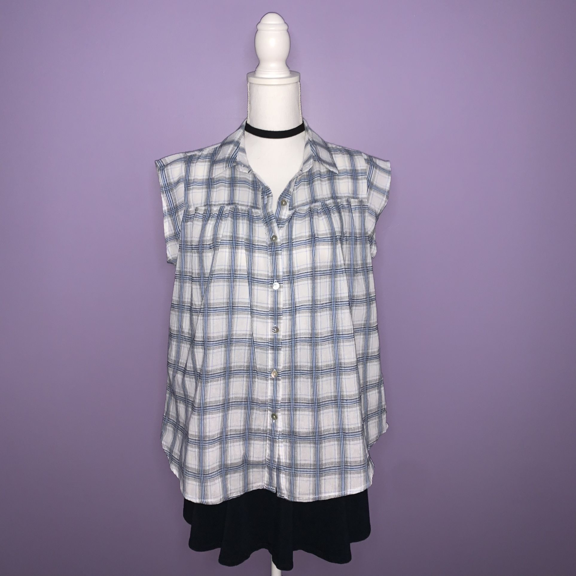 Boutique White and Blue Plaid Top