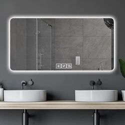Forclover 60-in x 28-in Polished Frameless Rectangle Dimmable LED Lighted Fog Free Bathroom Vanity Mirror ( Silver )