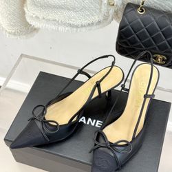 Chanel Black Slingback Heels – Bow Detail, Pointed Toe